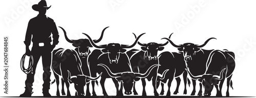 Cowboy standing with herd of longhorn cattle silhouette