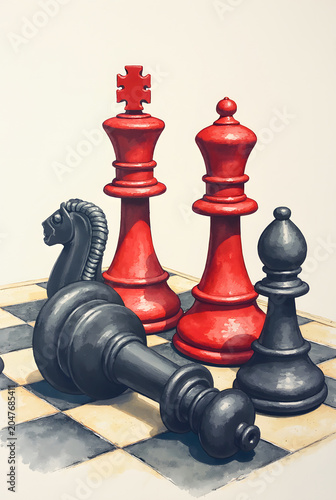 A striking artistic composition on a checkerboard features two tall red kings standing victorious over a fallen black piece, flanked by standing cream pawns and a black bishop