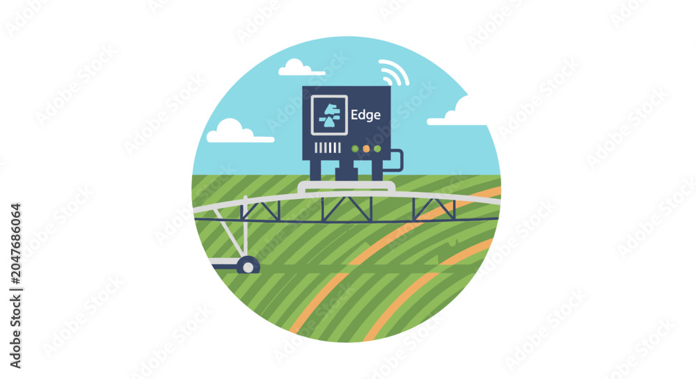 Obraz premium Smart Farming and Automated Irrigation System Illustration featuring Edge Computing Technology for Precision Agriculture and IoT Connectivity in a Green Field