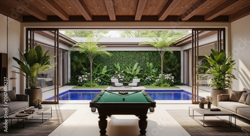 Stylish resort-style living room with a billiard table, opening to a beautiful private swimming pool, lush greenery, and tropical garden.