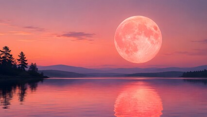 Papier peint photo Corail Beautiful pink strawberry full moon over calm lake water and pine tree forest silhouette at dusk.  © Unimaginable Pic