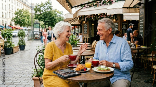 Happy senior couple laughing and having breakfast at an outdoor Parisian cafe