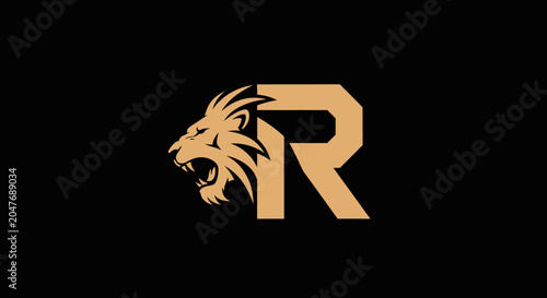 Canvastavla Modern gold letter R logo with roaring lion head