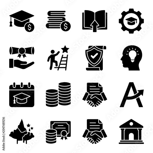 Bild auf Leinwand Education And Finance Icons Black Silhouette Set On White Background