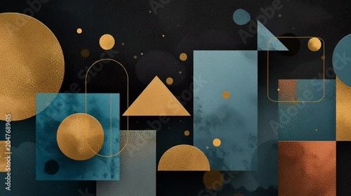 Abstract Geometric Shapes Video Background with Dark Modern Colors, Blue and Gold Circles, Squares, Triangle Motion and Stylish Design