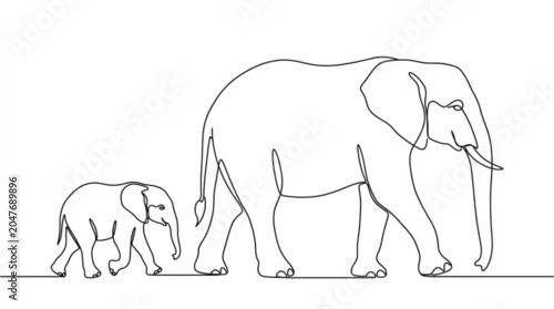 Obraz Continuous line art elephant family vector illustration mother and baby calf minimalist wildlife icon