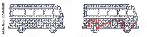 Photos Vintage bus illustration in maze design with red accents