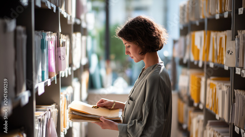 Young woman browsing folders in a tall wall of archive shelves while holding a stack of papers in a softly lit office records room