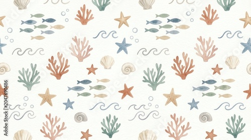 A seamless underwater pattern of painted starfish, corals, seashells, and fish swimming with waves