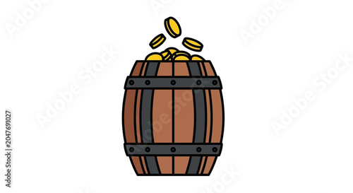 Canvas Print Wooden Barrel Full of Gold Coins, Treasure Chest Concept, Money Raining Down