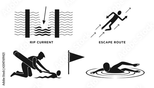 Water Safety Silhouette Icon Set – Rip Current Warning, Escape Route, Beach Flag, Swimming
