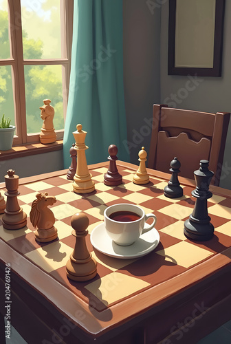 A classic wooden chessboard filled with detailed chess pieces stands in a warm room, featuring a white coffee cup resting on the squares near a sunlit window