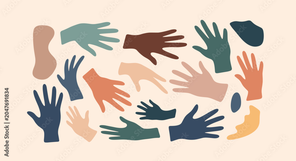 Fototapeta premium Creative abstract illustration featuring numerous hand shapes in different colors and positions on a pale pink background.