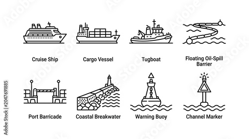 Collection of maritime transport and navigation vector illustrations depicting various vessels and marine infrastructure elements.