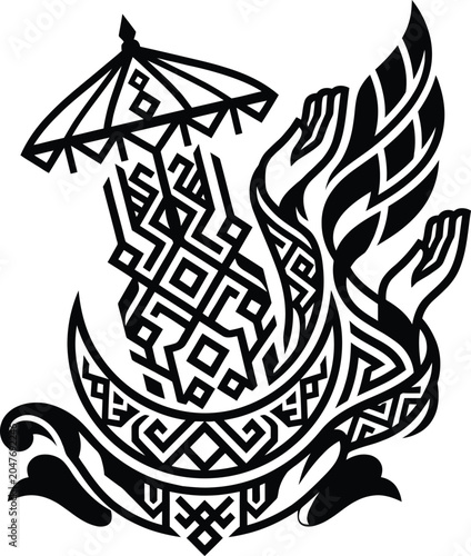 Quadro em tela Intricate tribal manner vector drawing depicting traditional ceremonial motifs with an ornate umbrella and stylized hands reaching upward