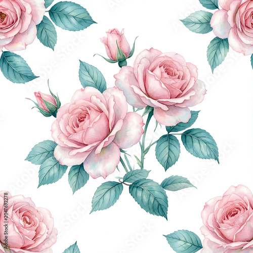 Seamless watercolor floral pattern with pink roses and green leaves, Generative AI