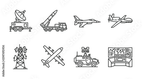 Bild auf Leinwand A collection of military technology vector illustrations including radar, missil