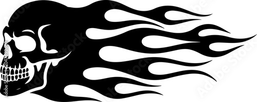 A black and white vector illustration of a skull engulfed in stylized flames, creating a dynamic and edgy design suitable for decals or apparel.