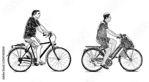 Fotografi Two casual city men riding bicycles on summer day, realistic sketch, vector hand