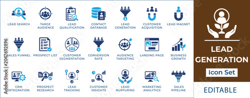 Konstfotografi Lead generation icon set featuring sales funnel marketing, customer acquisition magnet, target audience filtering, lead nurturing, CRM management, and business growth analytics