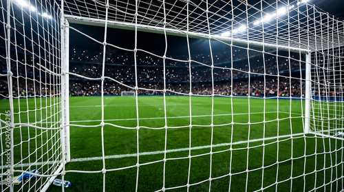 Soccer goal net in a stadium at night