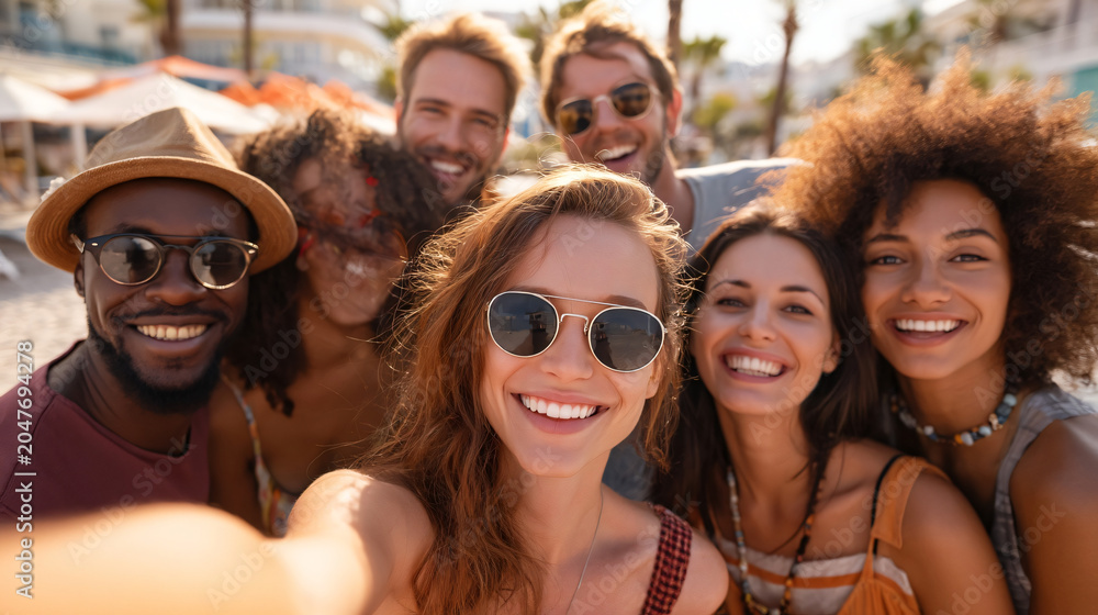 Fototapeta premium Summer Vacation Selfie: A vibrant group of diverse friends shares a joyous selfie, capturing the essence of a sun-drenched beach vacation and the pure happiness of togetherness.