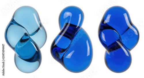 Abstract Blue Glass Sculptures Set on White Background, Organic Fluid