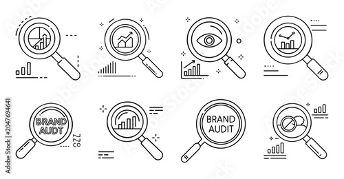 Magnifying glass inspecting icons with question marks - Set of flat design icons showing magnifying glasses examining various question mark styles for review or selection.