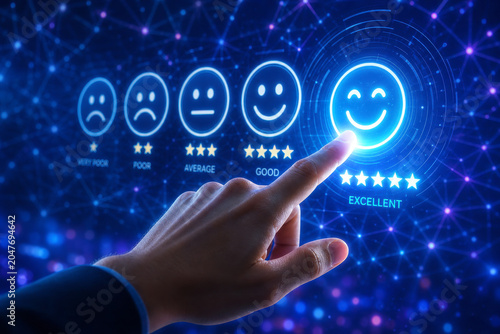Customer Satisfaction Rating Concept with Hand Selecting Excellent Five Star Smiley Face Icon on Digital Virtual Screen Interface