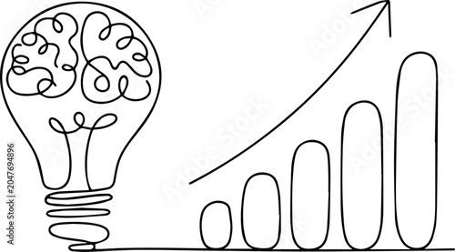 A single continuous line drawing illustration featuring a light bulb with a brain inside next to a bar graph showing upward growth, isolated on white background.