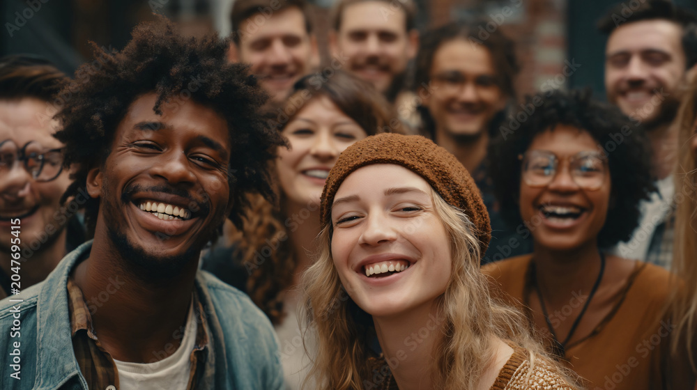 Fototapeta premium Joyful Gathering of Diverse Friends: A group of happy, smiling young adults of diverse ethnicities and backgrounds shares a moment of connection and joy, captured in a close-up outdoor portrait.