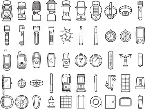 Collection of line art icons for camping and outdoor activity essentials, featuring lanterns, flashlights, compasses, and survival tools.
