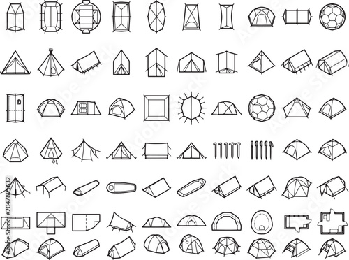 A collection of line art icons depicts various styles of tents, including camping tents, dome tents, and backpacking tents, alongside related camping gear like sleeping bags and tent stakes.