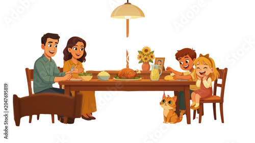 Family having dinner together at a cozy wooden table with children and a dog Vector