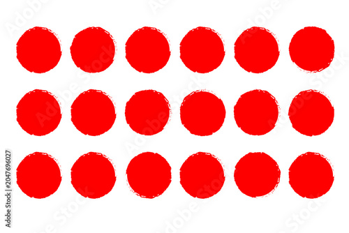 Red Grunge Brush Circles Dots Japanese Seal Stamp Round Vector Brush Strokes Asian Rough Badges Scribble Ink Illustration Collection