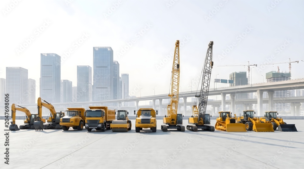 Fototapeta premium Construction heavy machinery fleet lined up in urban city development
