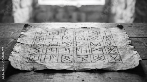 Close-up of Ancient Stone Carving with Weathered Textures in Monochrome