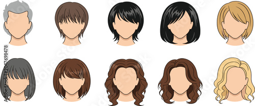 Photography Ten diverse cartoon people with different hair colors and styles