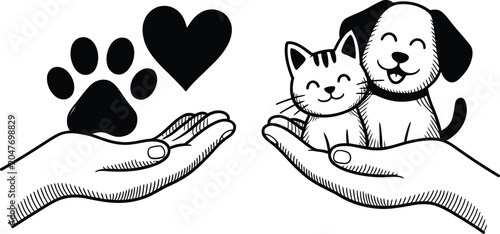 Hand drawn veterinary and animal adoption icons featuring a happy dog and cat in hands with a heart.