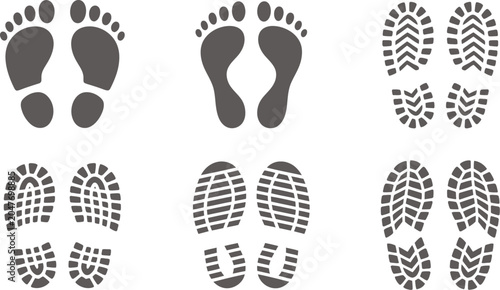 Human footprints and shoe sole print vector set featuring diverse boot tread marks and bare feet step paths