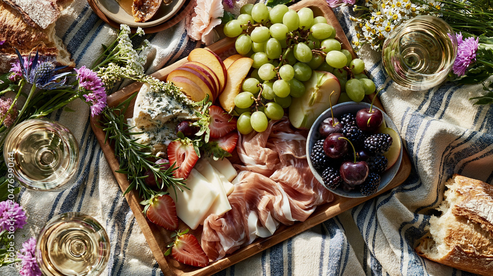 Fototapeta premium Elegant Gourmet Charcuterie Platter: Cheese, Fruits & Prosciutto - Perfect for Summer Picnics & Outdoor Entertaining