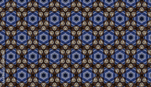 P28a Navy Blue and Brown Geometric Hexagonal Mandala Seamless Pattern