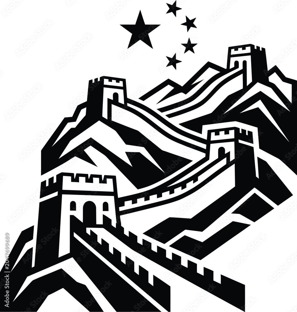 Naklejka premium A striking monochromatic vector rendering featuring the iconic superior Wall of China with five national stars above.