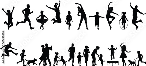Tableau sur toile Family and Children Silhouette Activity Collection with Running Dancing Jumping
