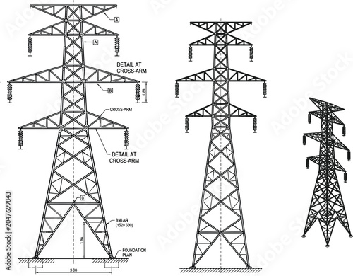 Cuadro en lienzo High Voltage Electricity Transmission Tower Engineering Blueprint Set with Power