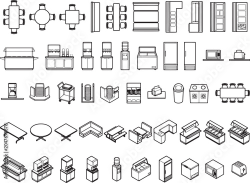 A collection of various furniture and equipment icons, including tables, chairs, cabinets, refrigerators, and kitchen appliances.