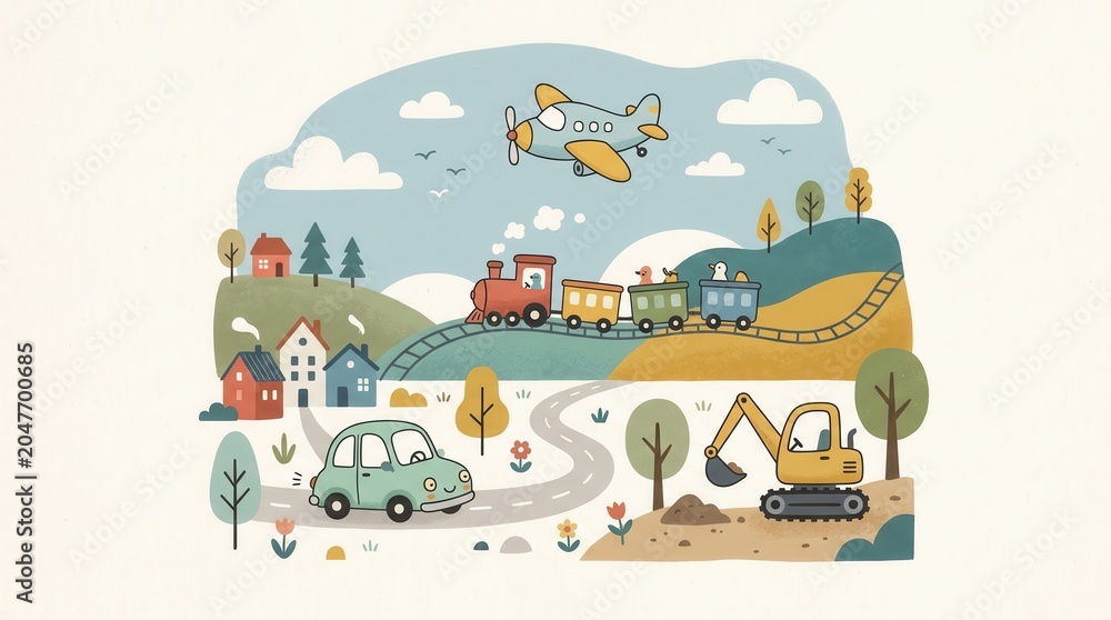 Naklejka premium A cheerful town scene with diverse vehicles in motion under a bright sky at daytime