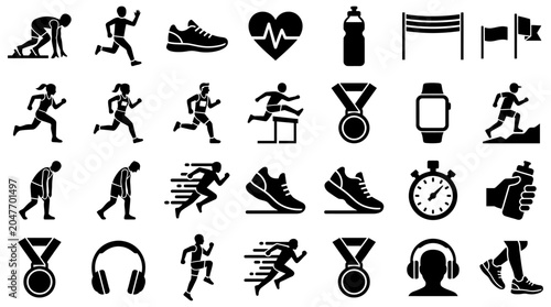 Running Silhouette Icons Set Dynamic Poses, Sports Equipment, and Health Symbols for Active Lifestyle and Fitness