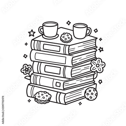 Cozy Stack Of Books With Coffee Cups And Flowers Coloring Page Vector.