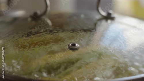 Corn boiling under the glass lid of a pot on the kitchen stove